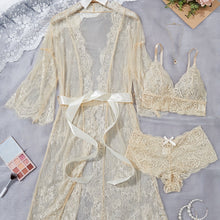 Load image into Gallery viewer, Erytheia   Eyelash Lace 3-Piece Lingerie and Robe Set