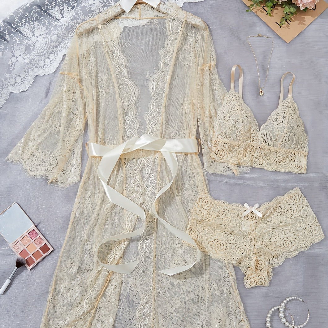 Erytheia   Eyelash Lace 3-Piece Lingerie and Robe Set