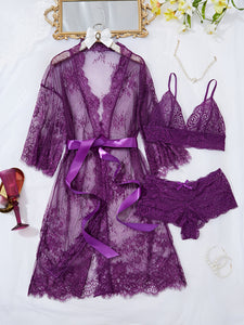 Erytheia   Eyelash Lace 3-Piece Lingerie and Robe Set