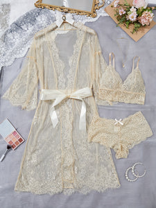 Erytheia   Eyelash Lace 3-Piece Lingerie and Robe Set