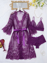 Load image into Gallery viewer, Erytheia   Eyelash Lace 3-Piece Lingerie and Robe Set
