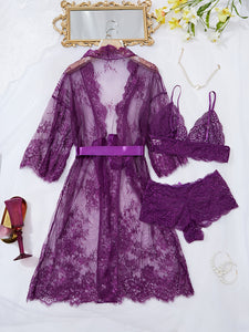 Erytheia   Eyelash Lace 3-Piece Lingerie and Robe Set