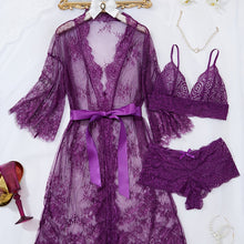 Load image into Gallery viewer, Erytheia   Eyelash Lace 3-Piece Lingerie and Robe Set