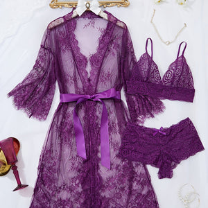 Erytheia   Eyelash Lace 3-Piece Lingerie and Robe Set