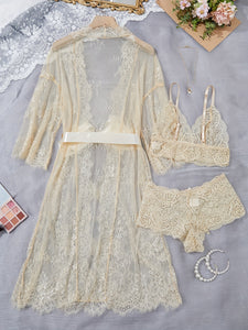 Erytheia   Eyelash Lace 3-Piece Lingerie and Robe Set